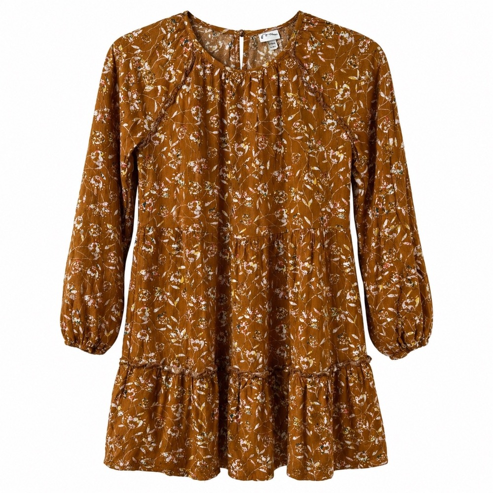 Art Class Girls Floral Tiered Dress Size L 10/12 Brown Long Sleeve Boho Fall